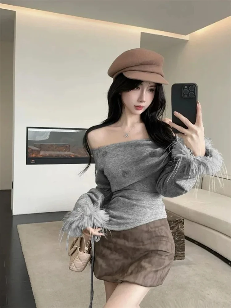 

American Spicy Girl Off Shoulder Flower Tops Fur Long Sleeve Drawstring Waist Slim T-shirts Sexy Irregular Short Tees