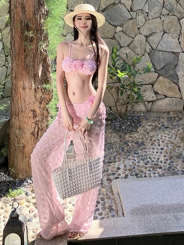 

Vacation Style Pink Flower Bikini Women's Swimming Suit Photography Beachwear Casual Surf Suit with Chest Pad No Steel Ring