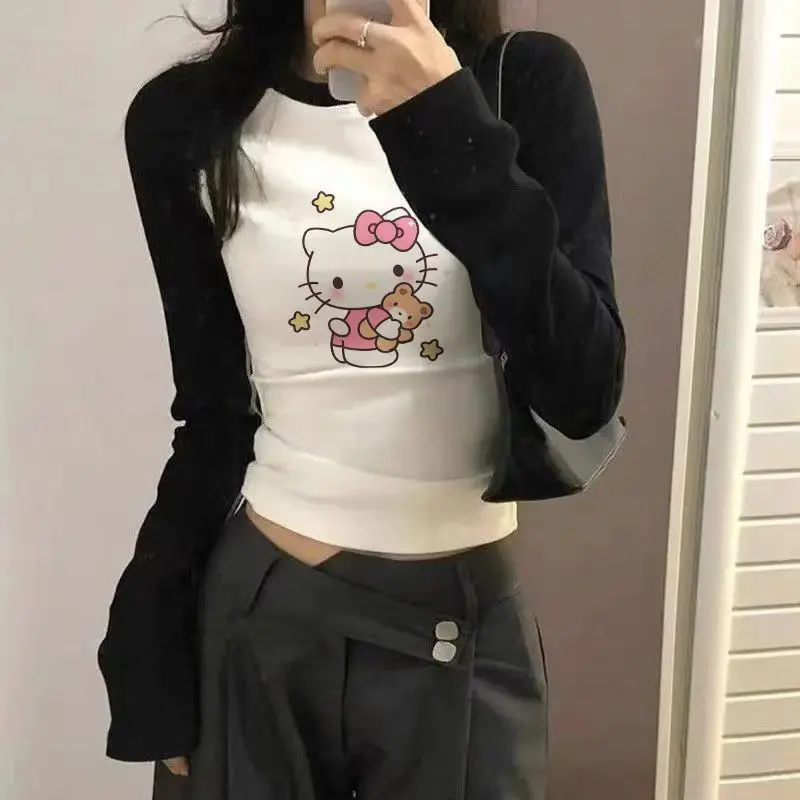 New Sanrio Hello Kittys Long Sleeve T-Shirt for Women Cute Printed Tops Spring Autumn Korean Hot Girls Sexy Slim Tops Trend Tees view 5