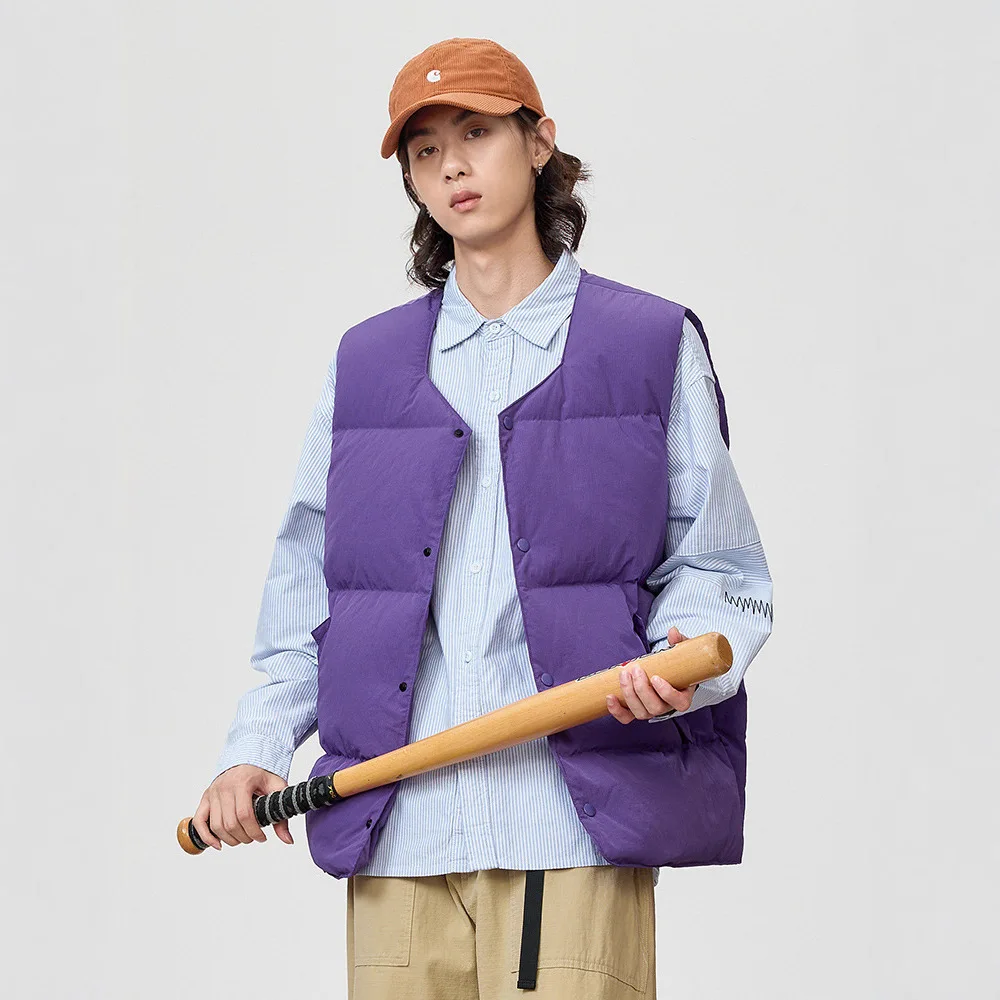 

Retro Japanese Sle Outdoor Winter down Vest Men's Faion Warm Windproof Couple's Model Nylon Fabric White Du down Filling