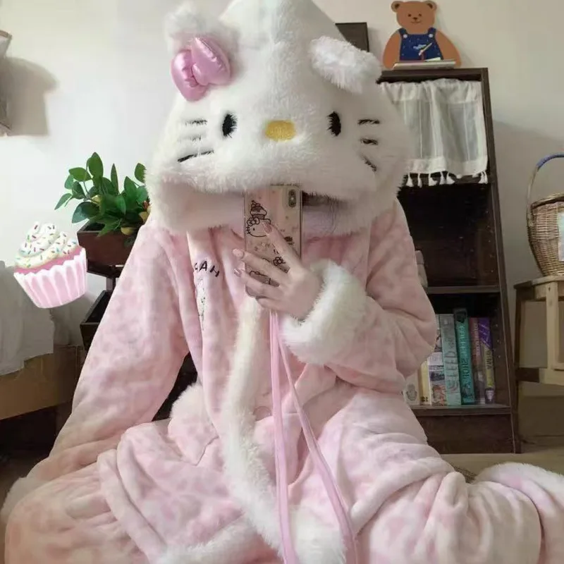 

Hello Kitty Women's 2-Piece Flannel Pajama Set - Cozy Hooded Sleepwear with Pom-poms, Pink Leopard Print Lounge Winter Nights​