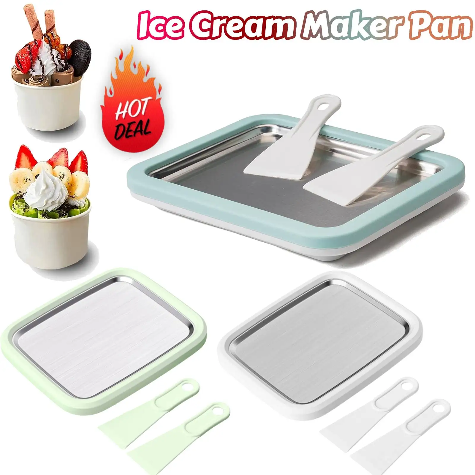 Ice Cream Maker Pan with 2 Scrapers Rolled Ice Cream Machine DIY Sorbet Frozen Yogurt Maker for Gelato Sorbet Sorbets