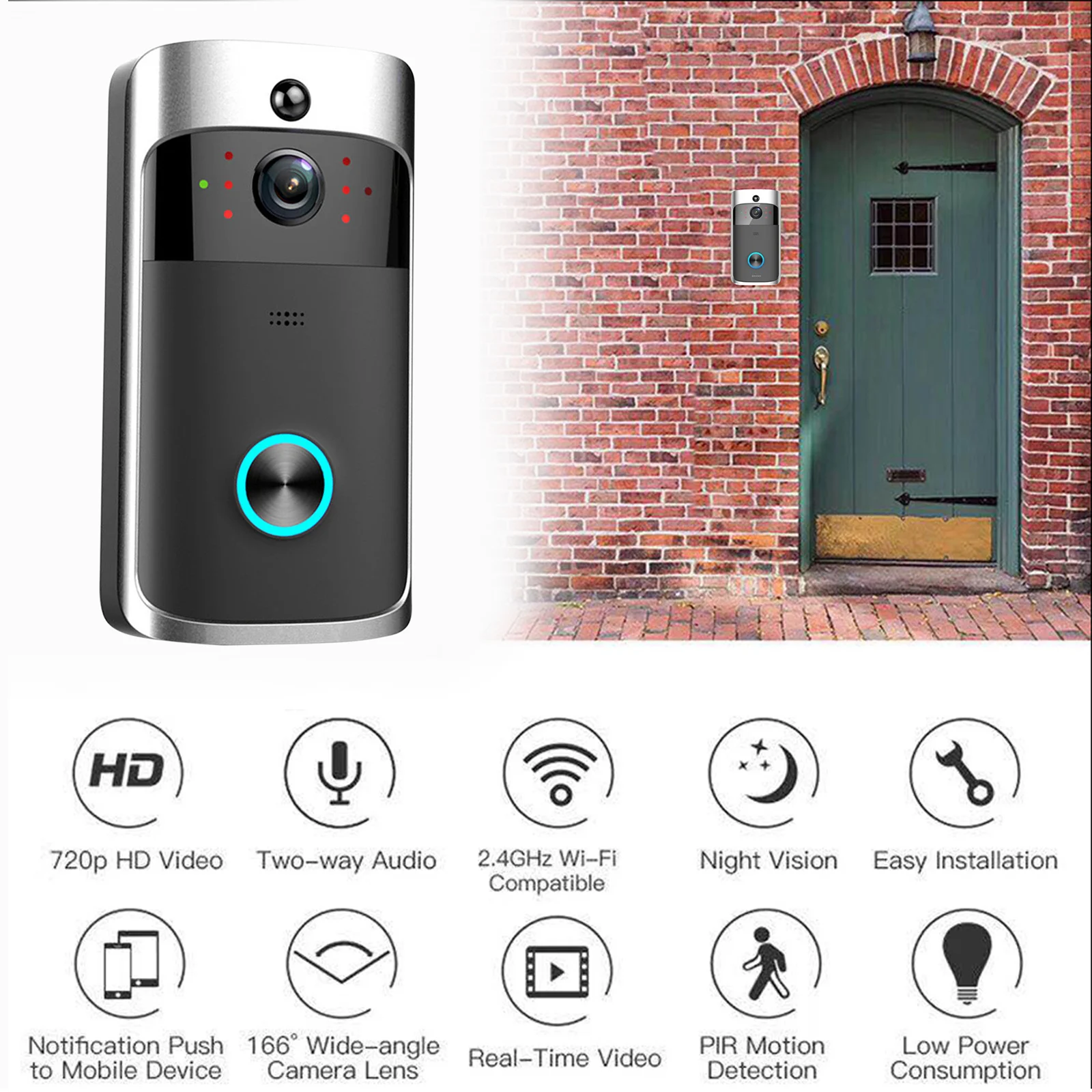 Video Doorbell Camera 720P HD WIFI Doorbell Camera Security Motion Detector for Apartments Door Bell Ring Security Cameras