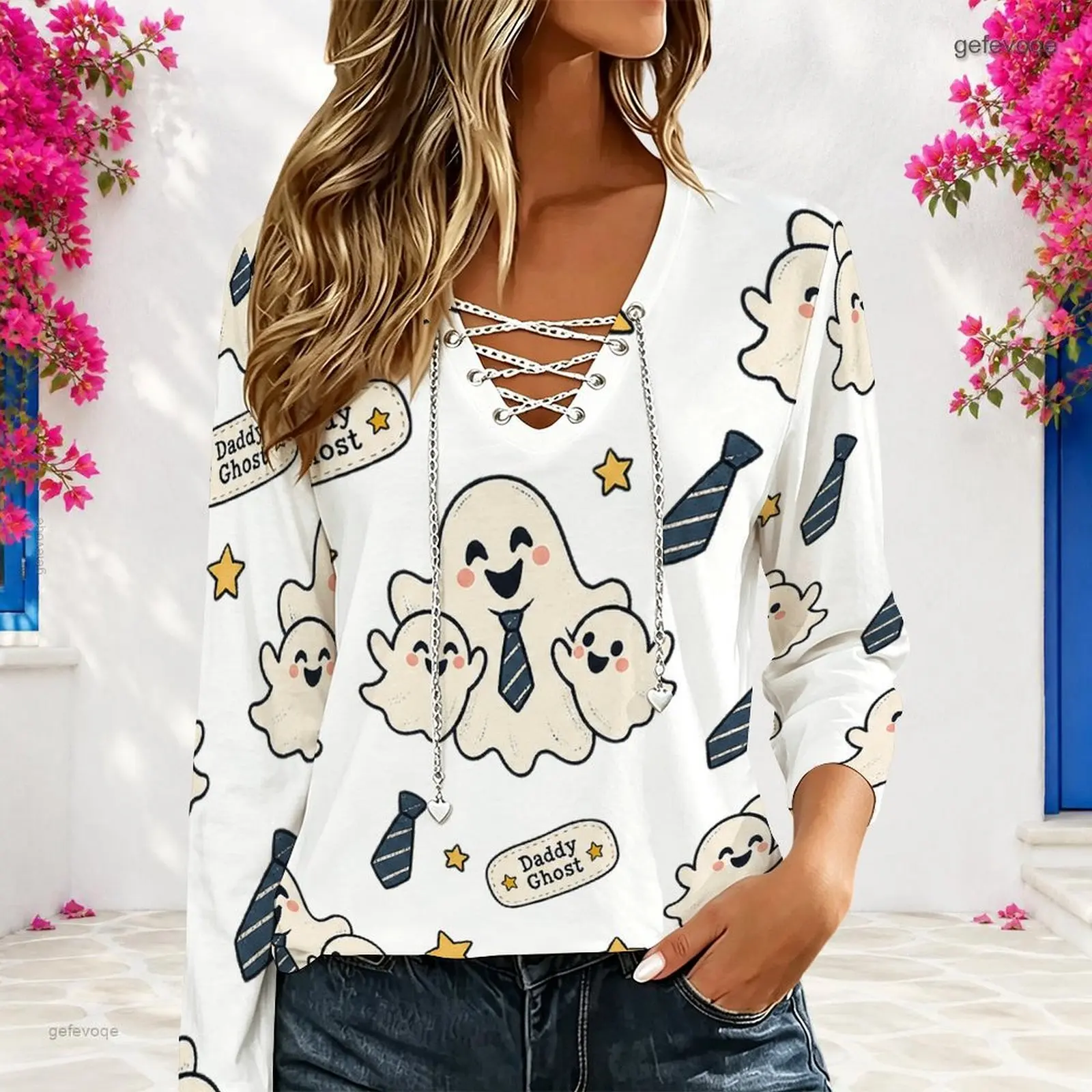 Women White Printed Cartoon Ghost Long Sleeve V Neck Eyelet Chain Lace Up Top