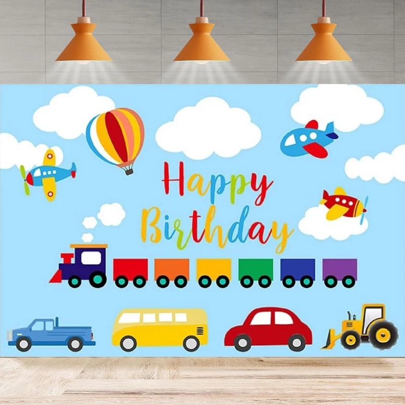 Photography Background Blue Sky Cloud Automobile Train Airplane Car Bus Truck Happy Birthday Up Hot Air Home Party Backdrop Wall