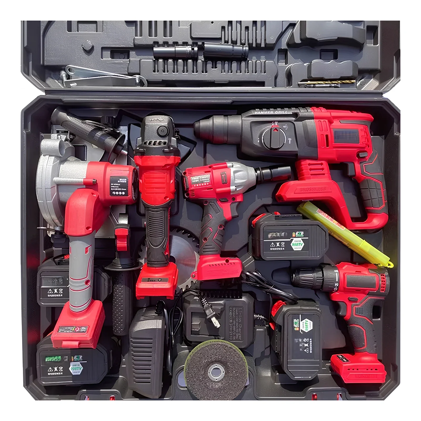 

Wholesale Lithium Brushless Motor Cordless Tool Set 5 Pcs Hammer Wrench Angle Grinder Drill Saw Electrical Equipment Power Tools