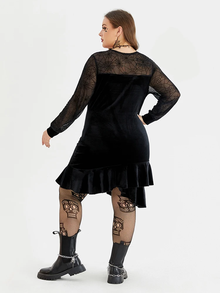 Plus Sized Clothing Goth Halloween Velvet Spider Web Mesh Velvet Ruffle Hem Dress For Women Vintage Mini Dress Gothic Clothes