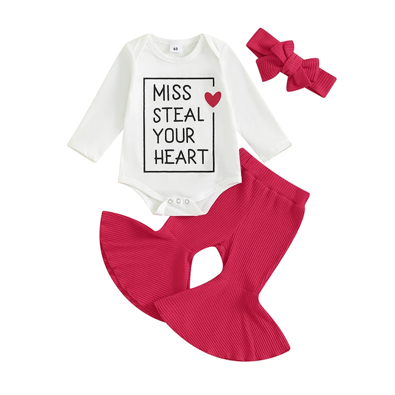 

0-18M Newborn Baby Girls 3PCS Pants Sets White Long Sleeve Letter Print Romper Red Flared Pants Headband Sets Outfits