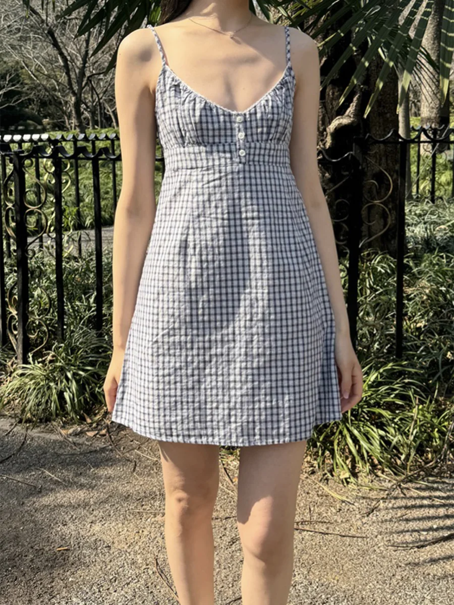 Blue Plaid V-neck Mini Dress Women Summer Casual Buttons Lace Trim A-line Short Vestidos Vintage Sweet Preppy Style Y2K Dresses