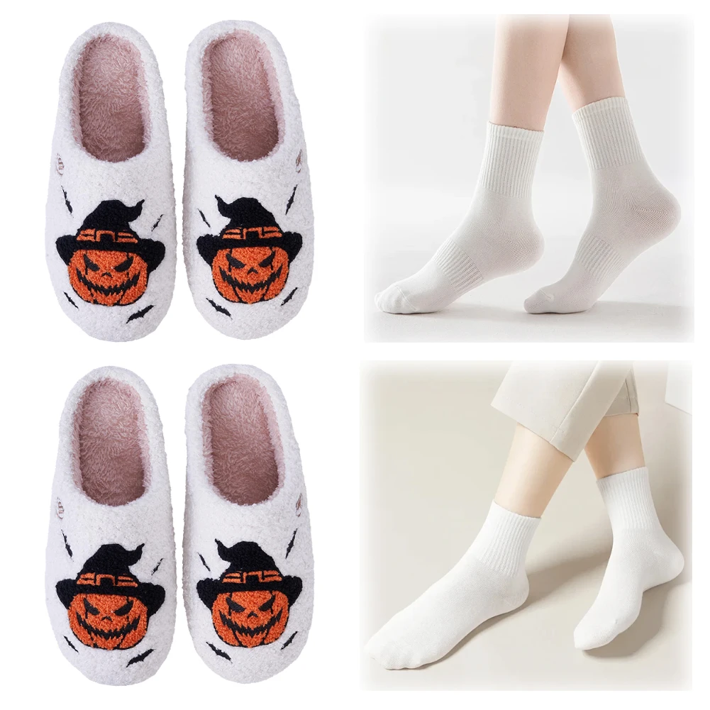 Zapatillas de calabaza de Halloween, zapatos de casa sin cordones, cómodas zapatillas térmicas planas, zapatillas de pareja esponjosas antideslizantes para hombres y mujeres