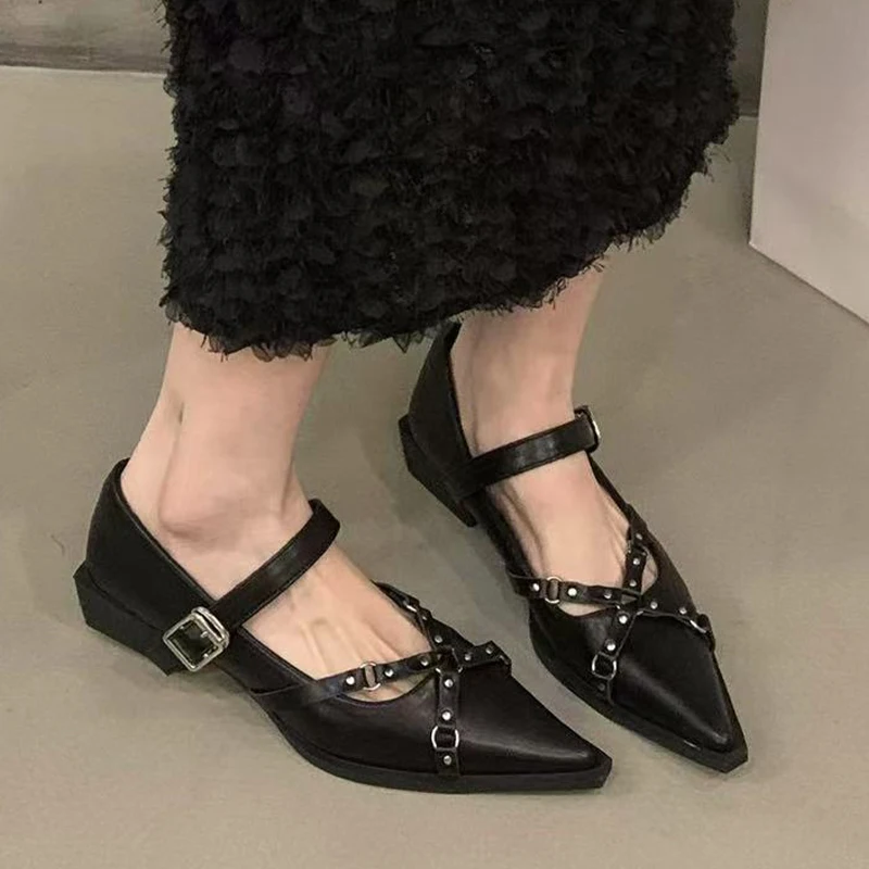 

Sexy Women Pointed Toe Chunky Shoes Fashion Leather Shallow Heels Shoes Designer Buckle New 2025 Winter Trend Party Pumps Mujer