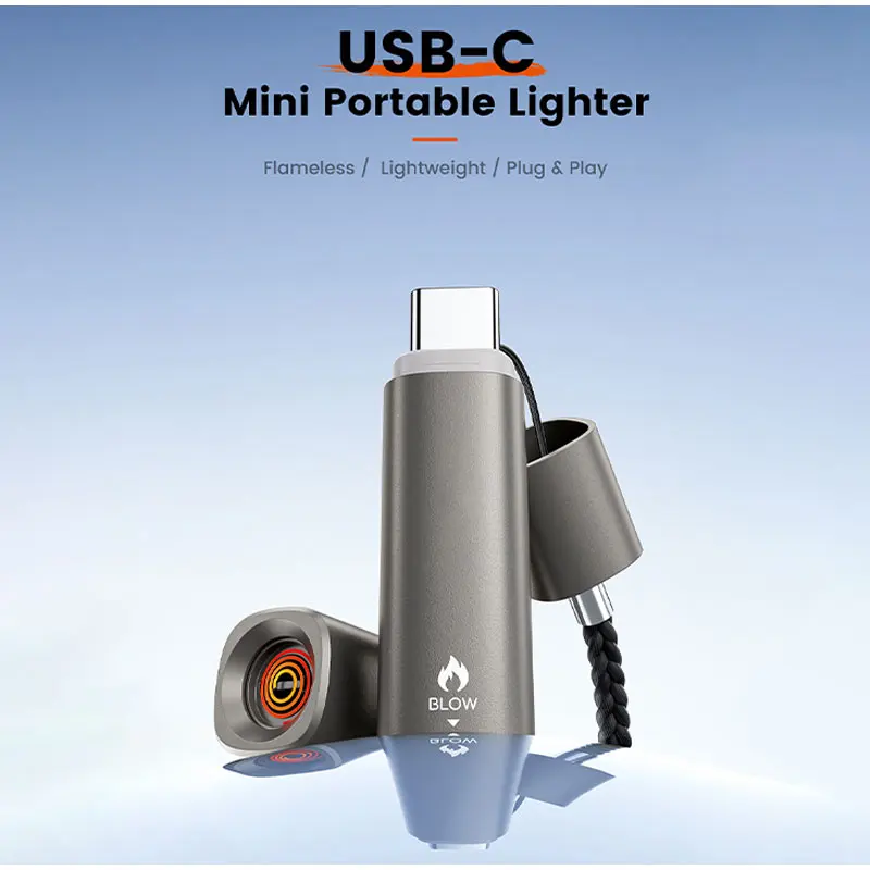 ولاعة سجائر صغيرة من Apple Type-c ولاعة محمولة سلك التنغستن تهب السلامة توفير الطاقة للاستخدام في الهواء الطلق للسفر في الهواء الطلق