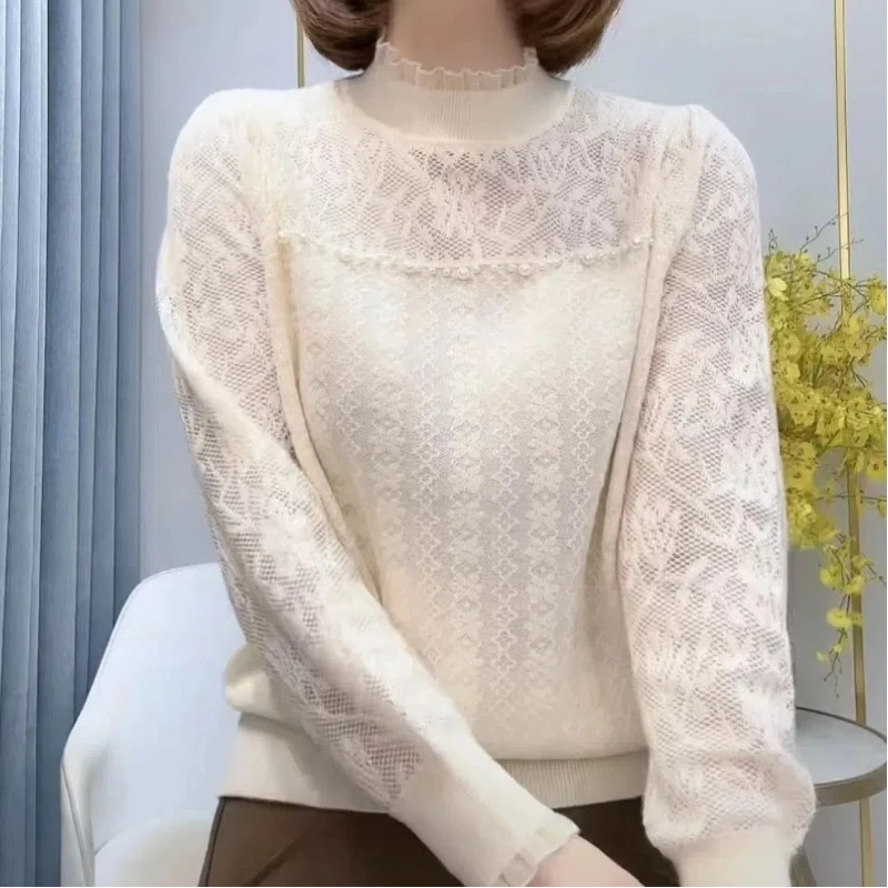 Autumn Winter Fashion Half High Collar Long Sleeve Solid Color Women\'s Clothing Pullovers Lace Patchwork Simplicity Warm Tops