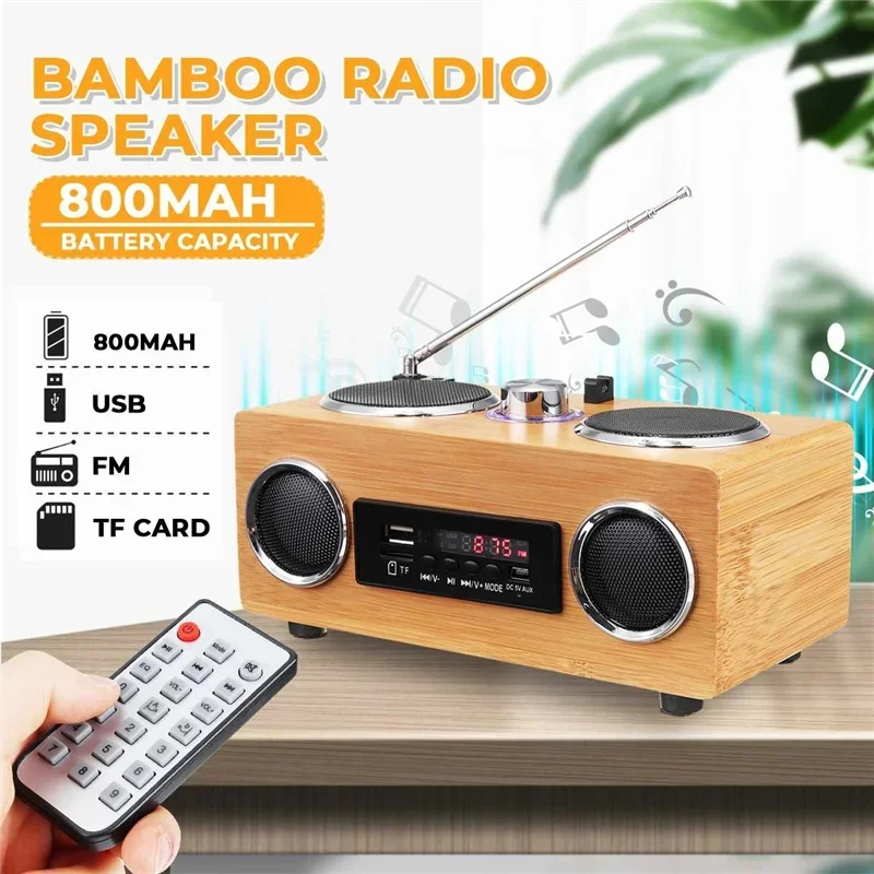 

NEW Retro Bamboo Wooden Portable Bluetooth Wireless Loudspeaker USB Rechargeable Home Outdoor Card Fm Radio Speakers with Remote