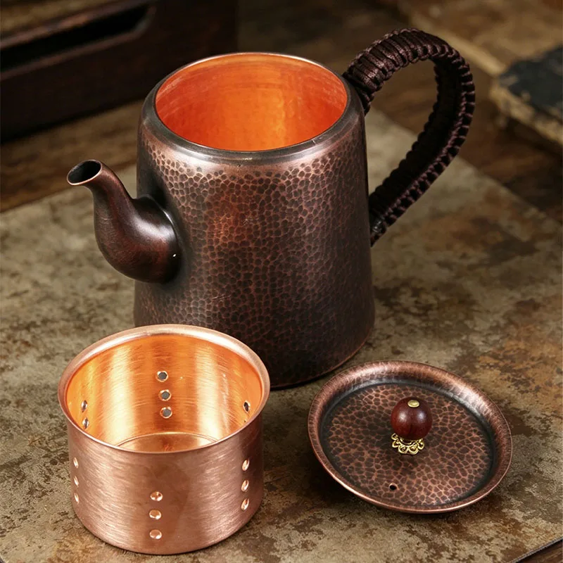 400ml Pure Copper Teapot with anti-scratching handle, handcrafted hammering pattern, Chinese traditional style, high-end tea set