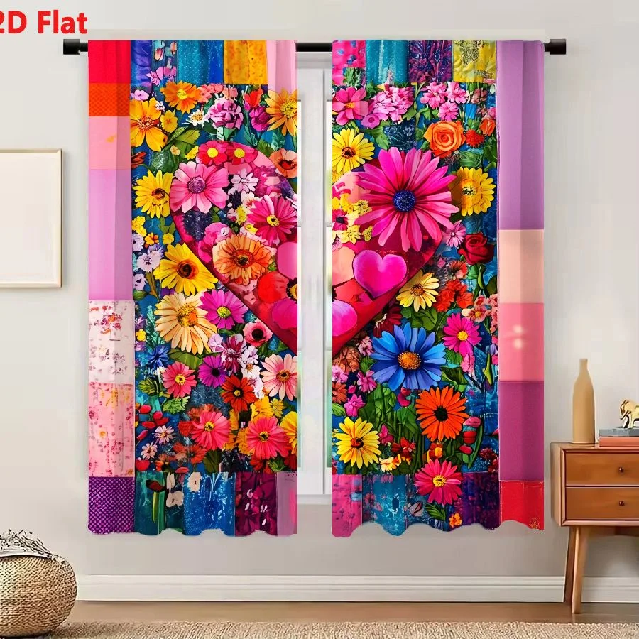 2Pcs Curtains Add 2D Flat Vibrant Colorful Heart Artwork With Large Stylized Heart Composed Of Smaller Hearts And Dense Lively B