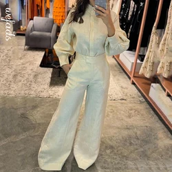 Wefads Fashion Two Piece Set Women Long Lantern Sleeve Round Neck Single Breasted Button Top Loose Straight Pants Set Streetwear