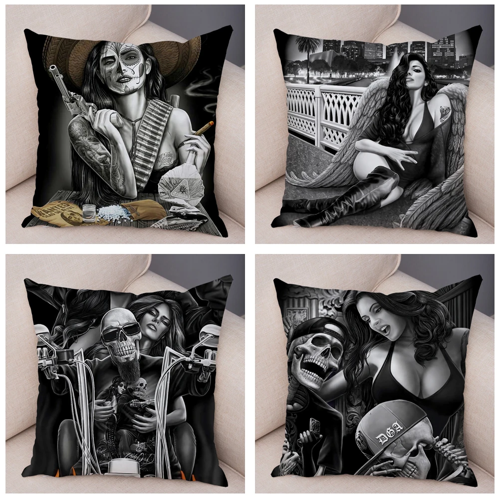 Skull Motorcycle Pattern Ladies Pillowcase Printing Decoration Cartoon Sexy Women's Cushion Cover Sofa Home