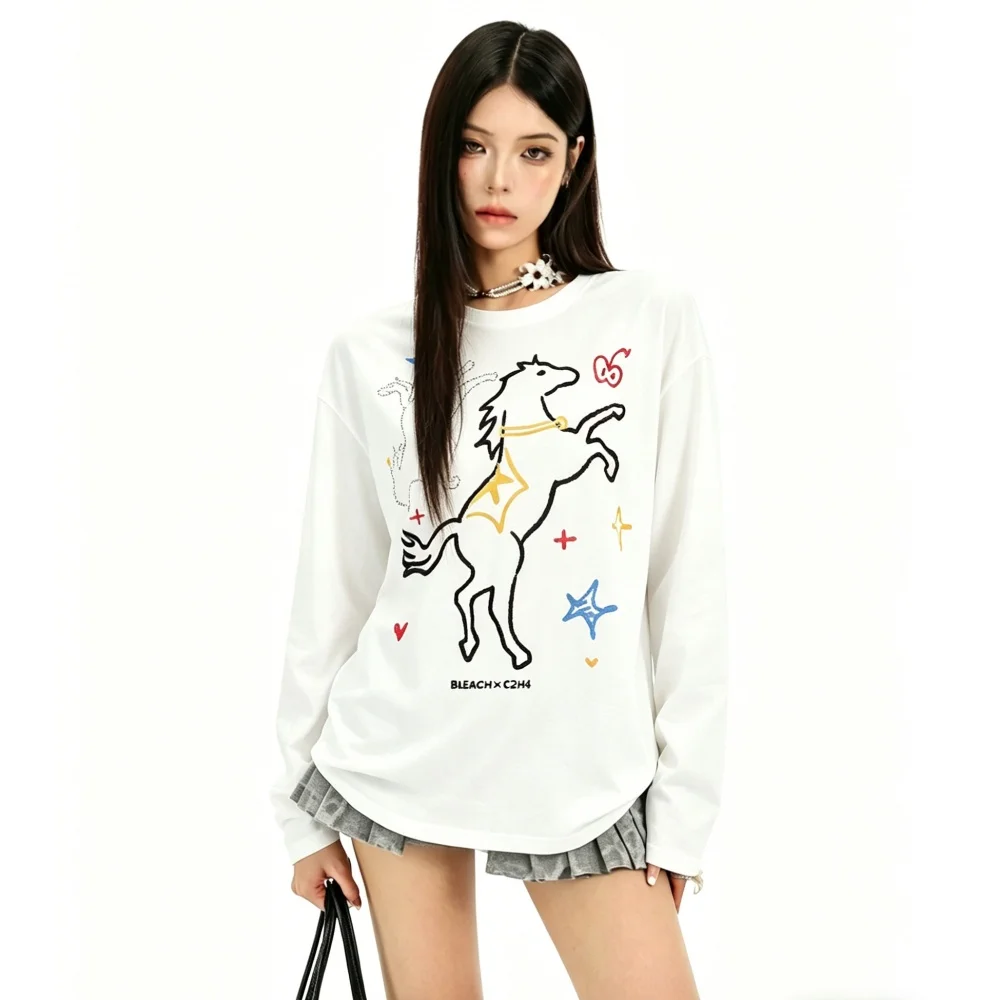 Women Long Sleeve T Shirts Big Size Casual Fashion Cute Horse Print Y2k T Shirt Man Unisex Loose Women's Long Sleeve Blouse Top