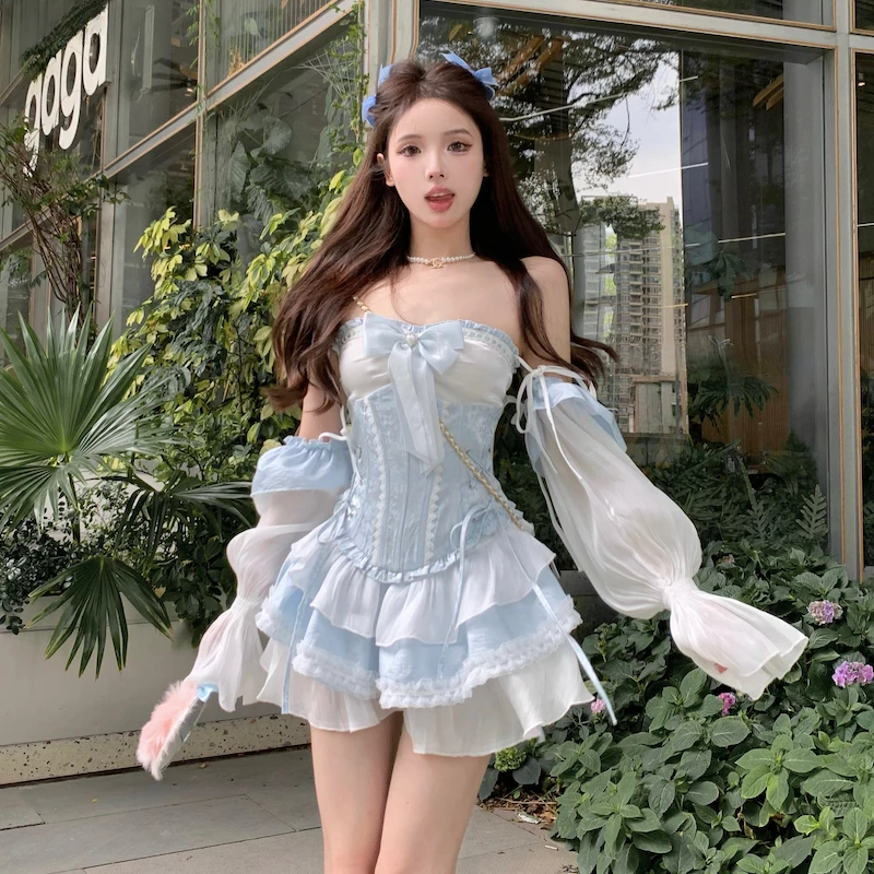 Blue Japanese Style Kawaii Lolita Dress Women Sexy Slash Neck Bow Elegant Party Mini Dress Female Korean Fashion Princess Dress