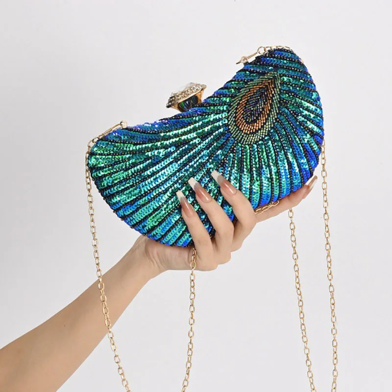 Evening Bag For Women Sequins Beading Peacock Green Clutch Handbags Purse Fashion Banquet Party Female Crossbody Shoulder Bag