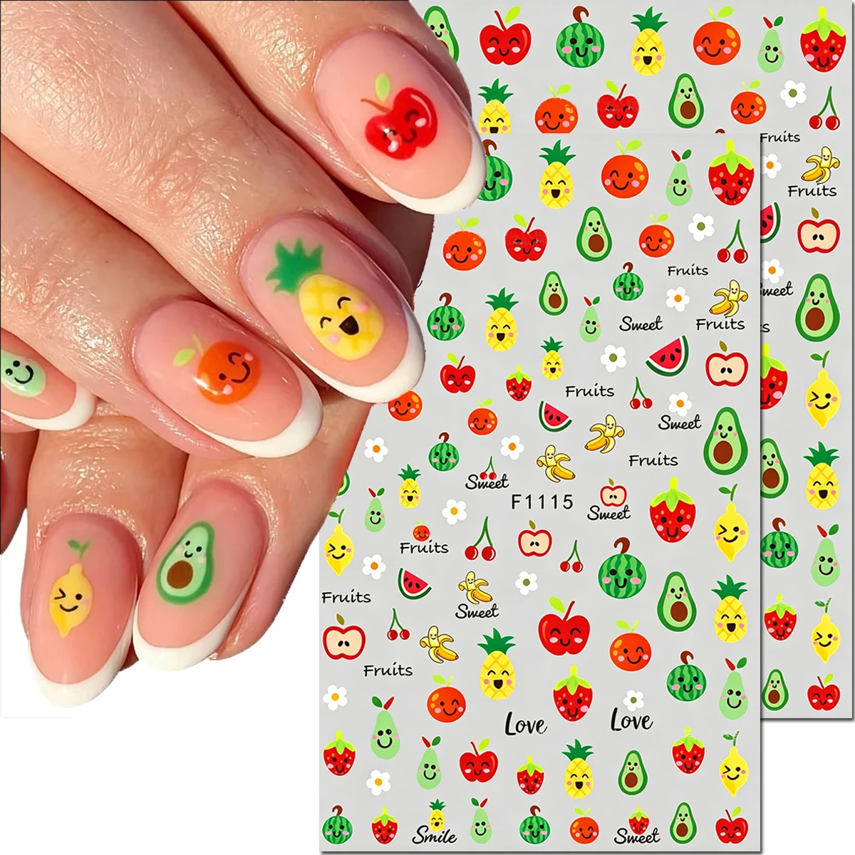 2-Sheets Cute Fruits Pineapple Avocado Lemon Apple Flowers 3d Nail Stickers Nail Decals Decorated For Manicure DIY