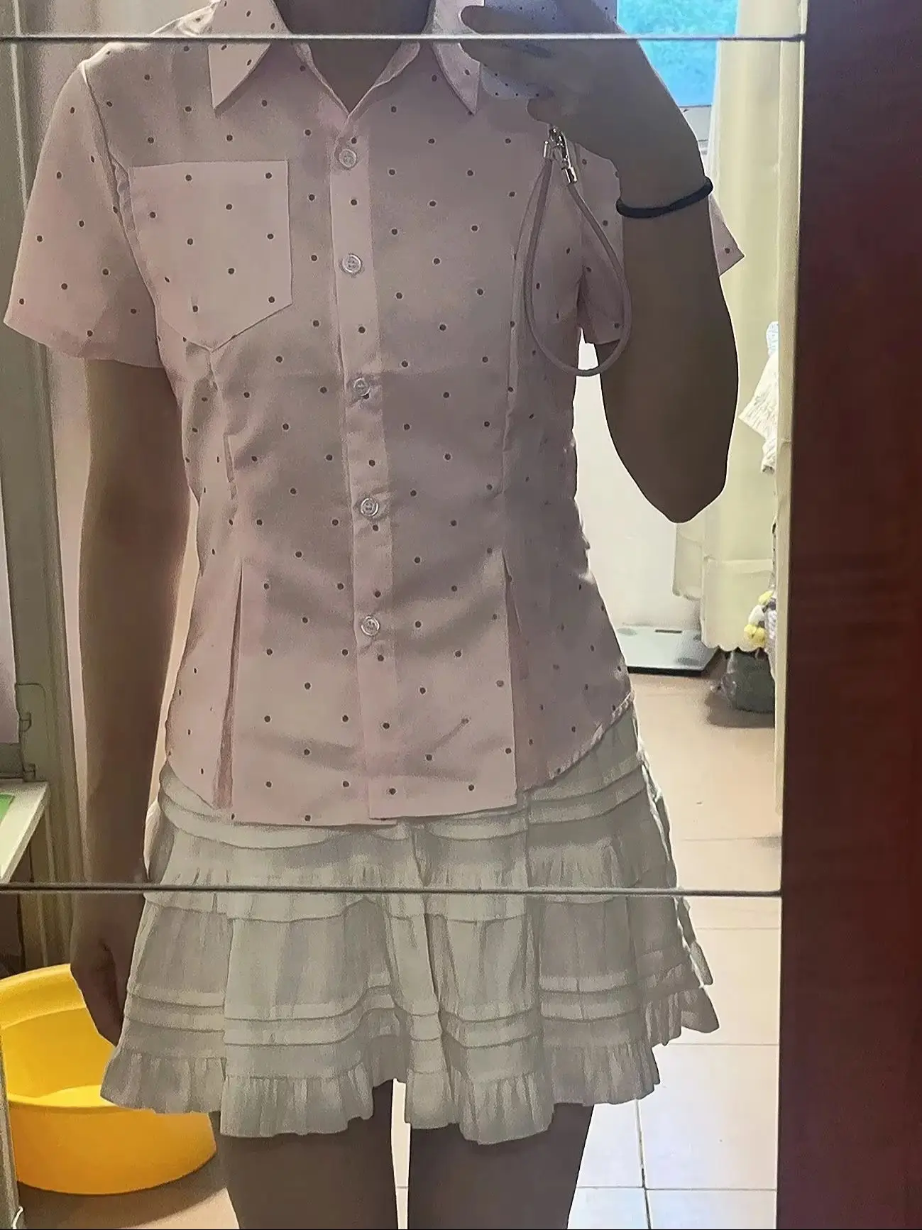 Kimotimo Summer Polka Dot Short Sleeve Shirt Women Sweet Slim Lapel Button Up Crop Top Preppy Style Y2k Aesthetic Blouse Blusas