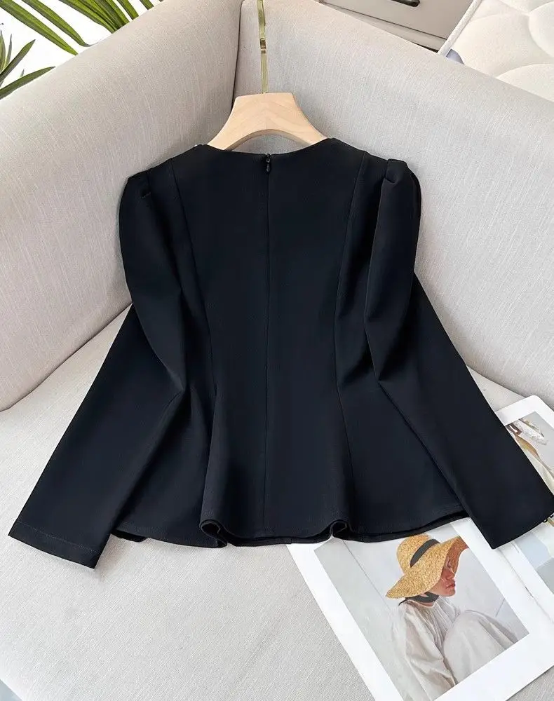 Eleganckie bluzki damskie z bogatymi zdobieniami, tuniki z okrągłym dekoltem, koszule z długim rękawem, szykowne koreańskie bluzki damskie.