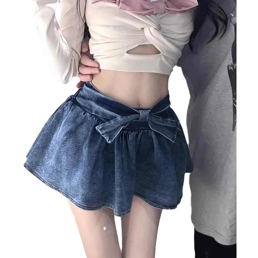 

2024 New Women's Bow Denim Shorts Skirts Y2K Skirt Korean Style Pleated Midi Skirt