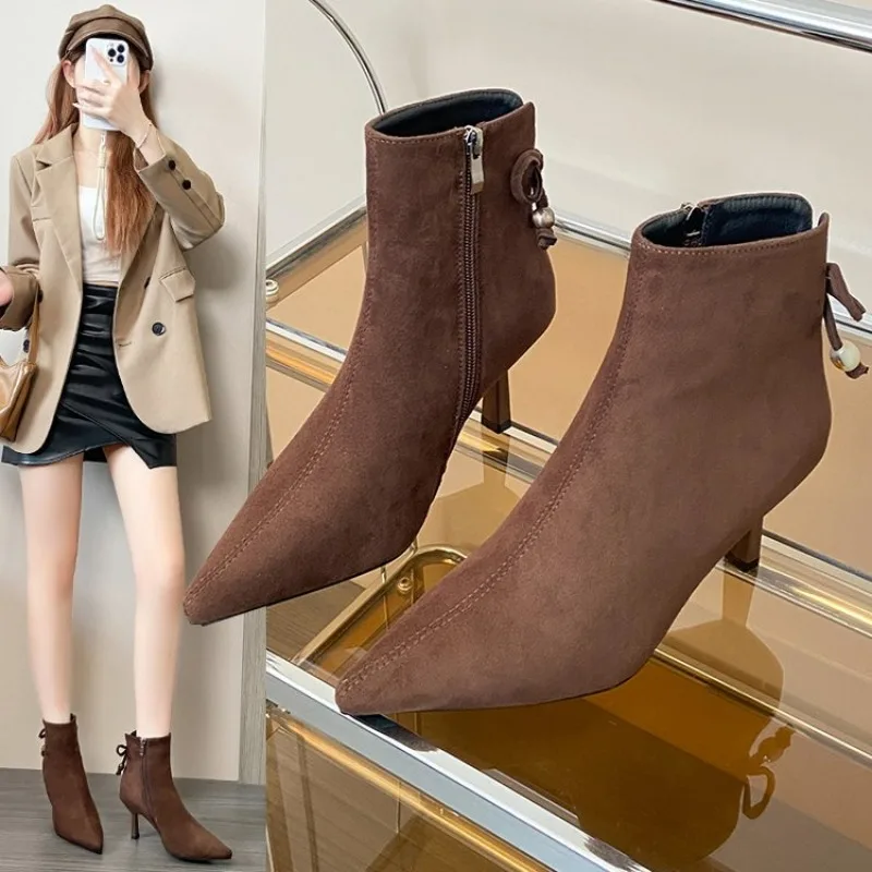 

Women's High-heeled Ankle Boots for Autumn and Winter Versatile French Style Elastic Suede Pointed Toe Fashion Boots.2026