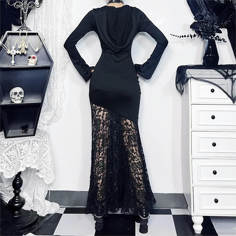 ONE TO WAN Goth Dark Elegant Damen Kapuzenkleid Mall Gothic Kreuz Ausgeschnittene Spitze Gespleißtes Party Acubi Sexy Bodycon Kleider Slim – Detail 6