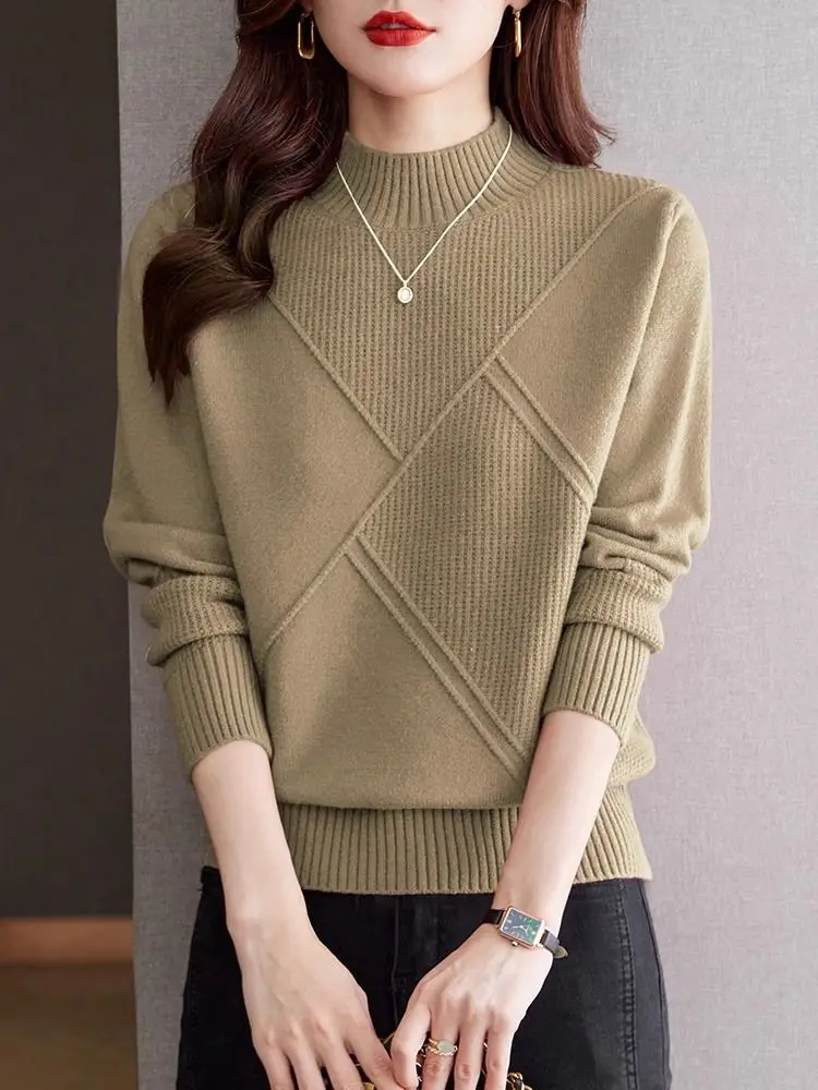 Atasan Jumper rajut wanita, atasan Jumper tarik wanita Bottoming lengan panjang Vintage wanita, Sweater rajut setengah Turtleneck, Pullover musim gugur, musim dingin, baru, 2024