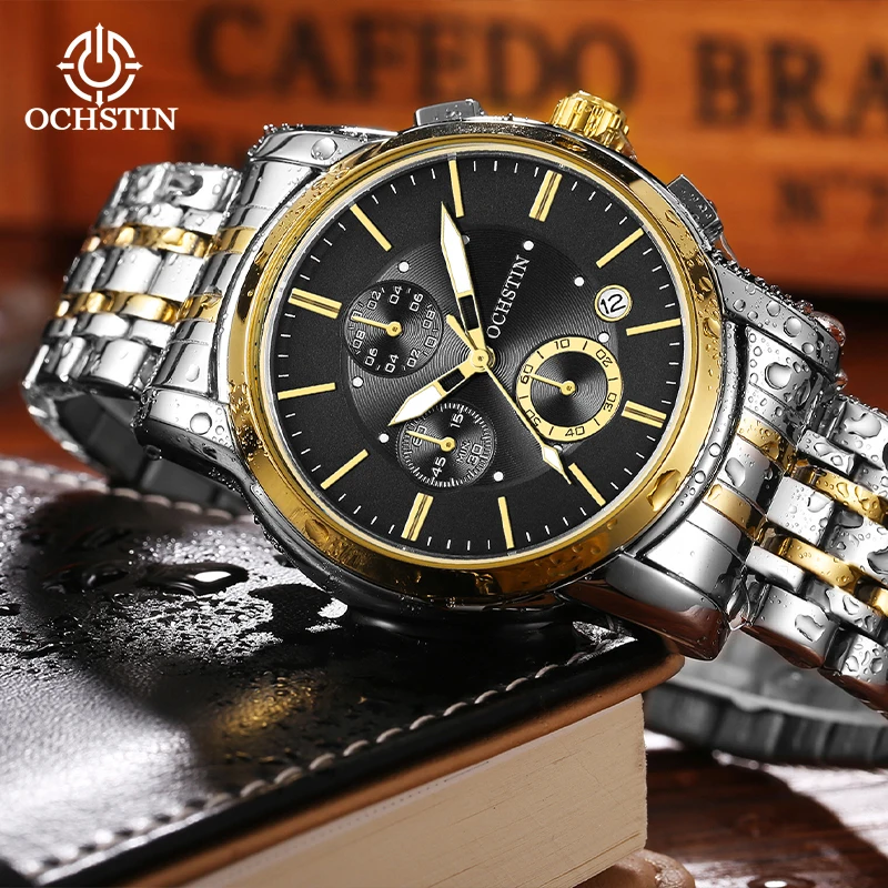 OCHSTIN Stainless Steel Bracelet Man Quartz Waterproof Watches Multifunction Movement Mineral Hardened Glass Classic Wristwatch
