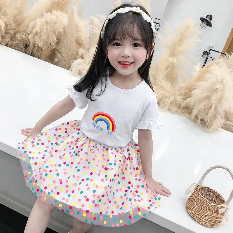 Baby Girl Clothes Set Rainbow T-shirt+Tulle Skirt 2Pcs Suit Kid Outfit Children Clothing Summer Toddler Girl Two-Piece A866