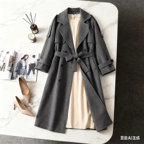 Women's Grey Wool Blend Trench Coat - Double Breasted, Belted Waist, Lapel Collar, Long Length Winter Overcoat"