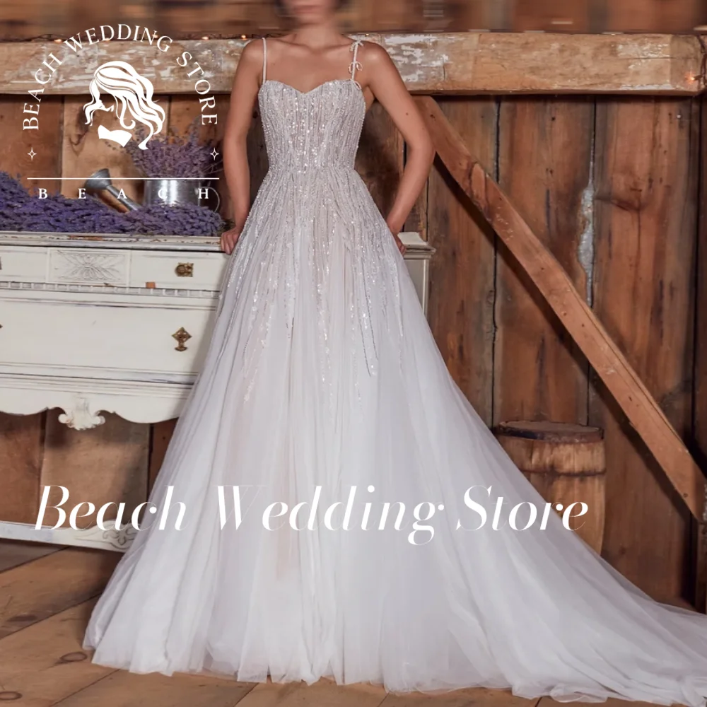 Beach Customized Spaghetti Strap Sleeveless Sweep Train Floor Length Backless Traditional Wedding Dress Charming High quality