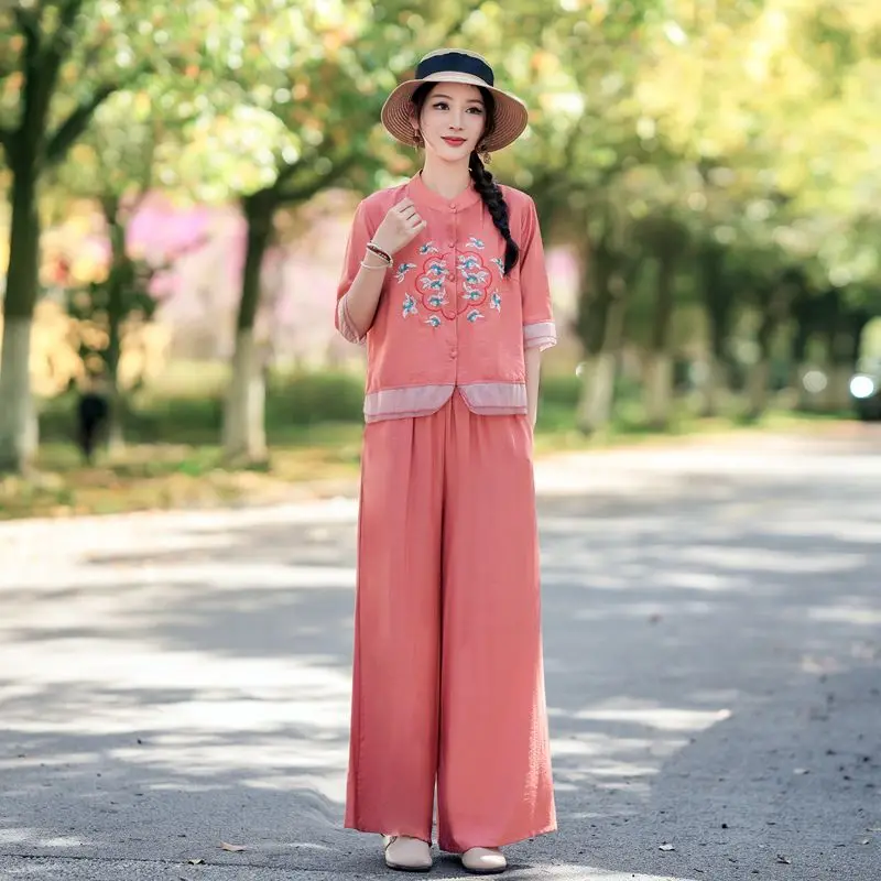 

Women's Chinese Style Embroidered Cotton Linen Two Piece Set Stand Collar Short Sleeve Top Wide Leg Pants Casual Mom Outfit