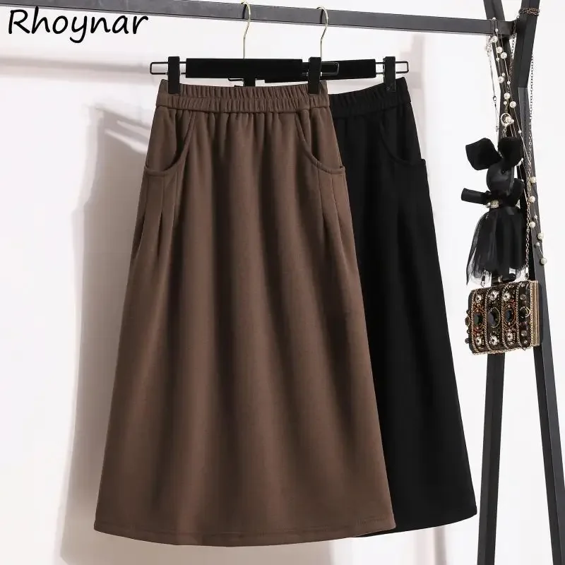 

Elegant Women A-line Skirt Slim Faux Woolen High Waist Casual Midi Office Ladies Korean-style Autumn Winter New Pockets Vintage