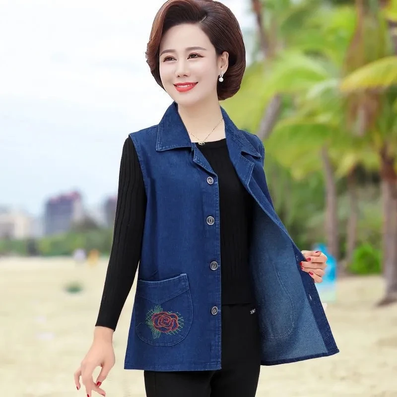 

Loose Size Vests For Women Fashion Embroidery Denim Vest Autumn Jeans Jacket Middle-Aged Elderly Thin Sleeveless Waistcoat