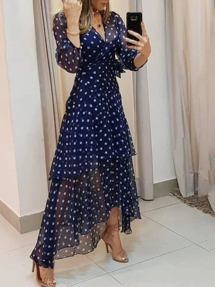 Elegantes Partykleid mit Punktemuster, Dunkelblau, Plissiert, Asymmetrisches Abendkleid, Lässiges V-Ausschnitt-Kleid mit Hoher Taille, Vestidos