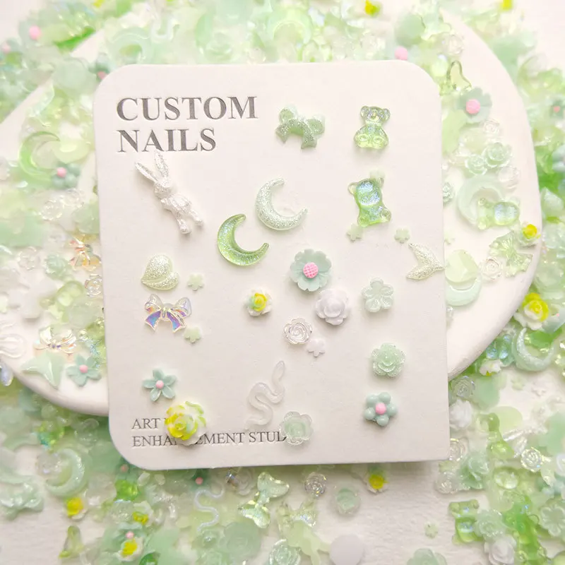 

50Pcs Green 3D Assorted Nail Charms Bow Nail Charms Mix Butterfly Parts Rose Flower Rabbit Bear Nail Charms Rhinestones Supplies