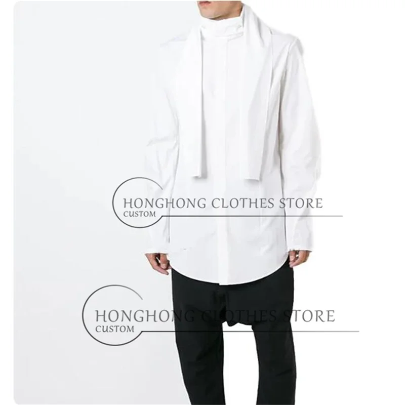 

2026 New Round-Buttoned Slimming V-Neck White Shirt - Customized Fashion Business Scarf Design - Men's Long-Sleeved Shirt