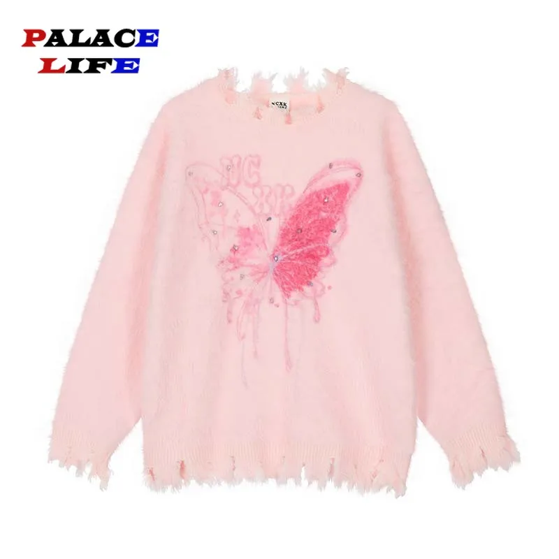 Vintage Butterfly Embroidery Pullover Patchwork Knitted Sweater Men Casual Streetwear Unisex Loosed Lazy Women‘s Jumpers Clothes