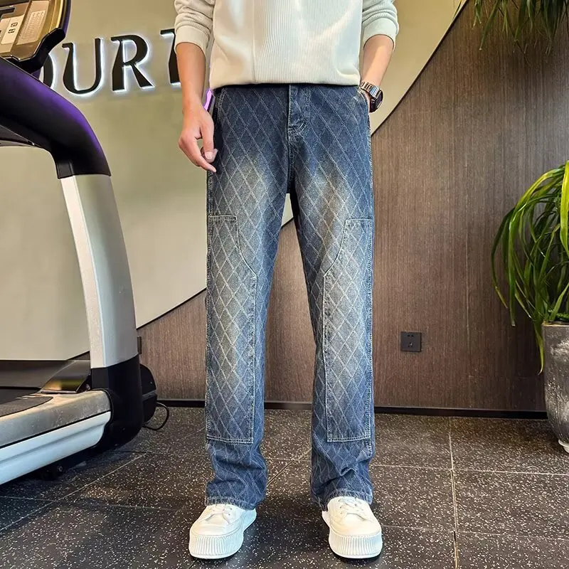 

Мужские джинсы для похудения с прямыми штанинами, модный повседневный разрываемый дизайн, застежка-молния со средней талией, повседневная одежда, полиэфирное волокно