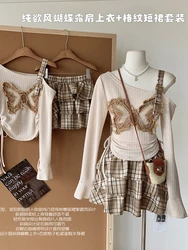 Jesień Kobiety Harajuku Gyaru Y2k Streetwear 2000s Goblin Core Outfits 2-częściowy zestaw długi rękaw Crop Tops + Mini Ruffle Plaid Skirt