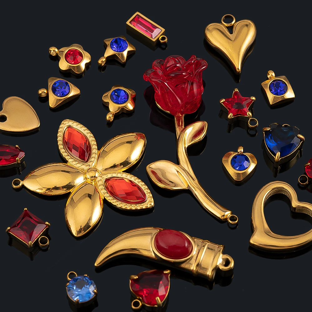 2/5/10pcs Stainless Steel Zircon Pendants Heart Flower Charms For DIY Jewelry Making Bracelet Handmade Accessories Wholesale - Detail 1