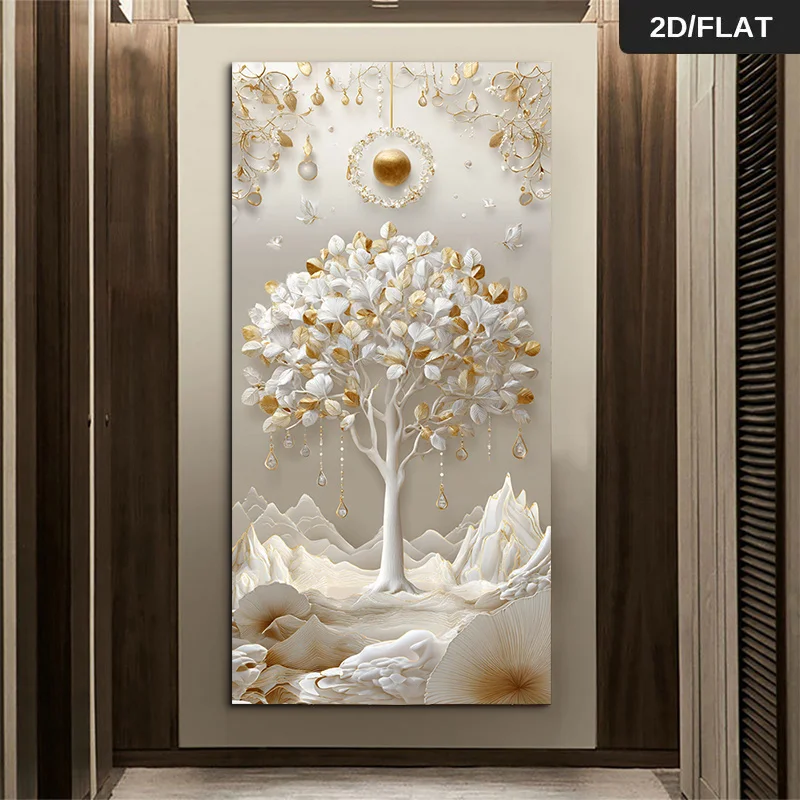 

2D Flat Large Modern Abstract Golden Tree of Life Canvas Wall Art Frameless Fantasy Landscape Canvas Print for Living Room Decor