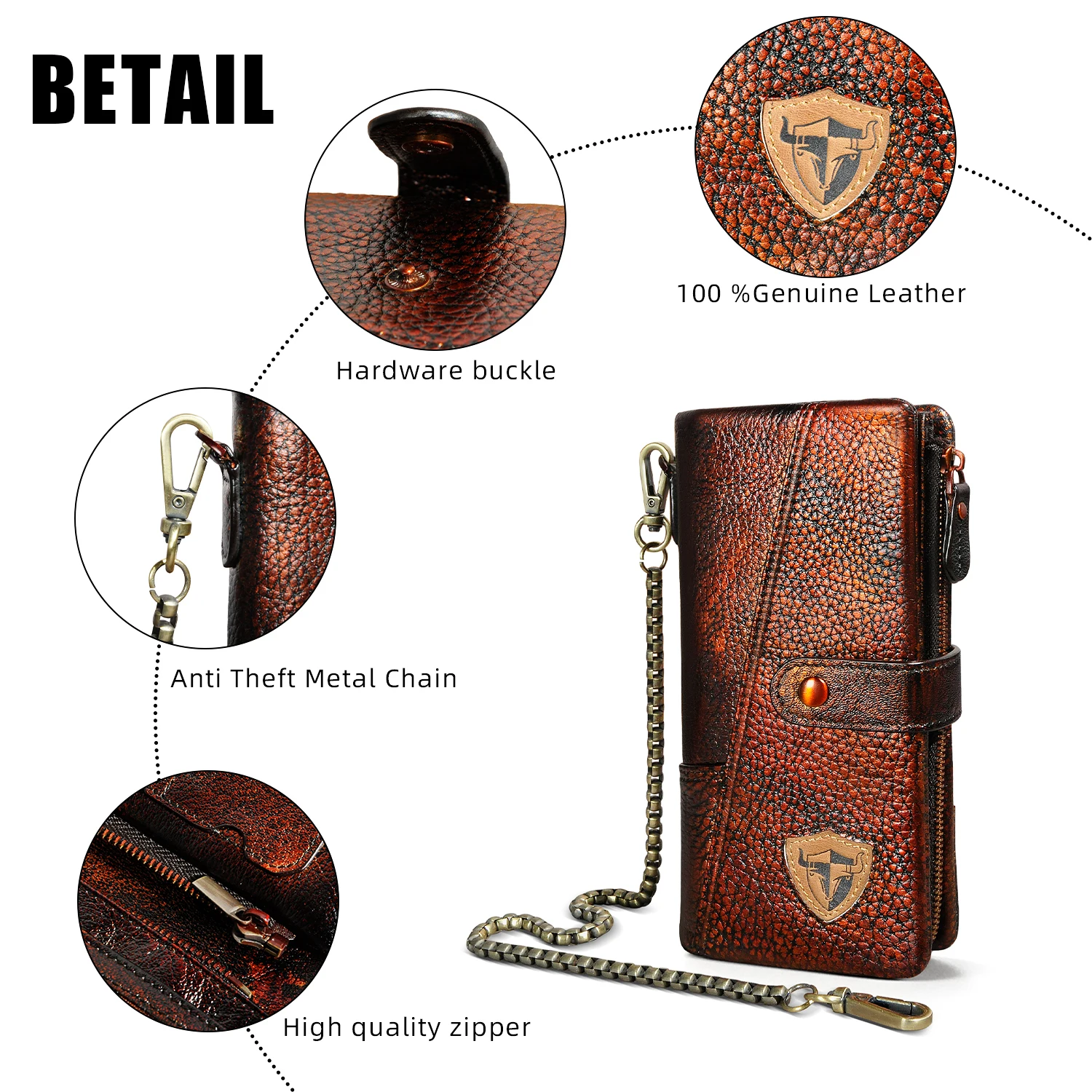 Hot Sale Thick Genuine Leather Travel Business Organizer Chain RFID Wallet For Men Long Zipper Male Purse Card Holder 1803