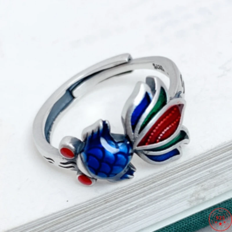 S925 Sterling Silver Rings for Women New Fashion Vintage Enamel Goldfish Koi Carp Ethnic Style Jewelry Adjustable Wholesale