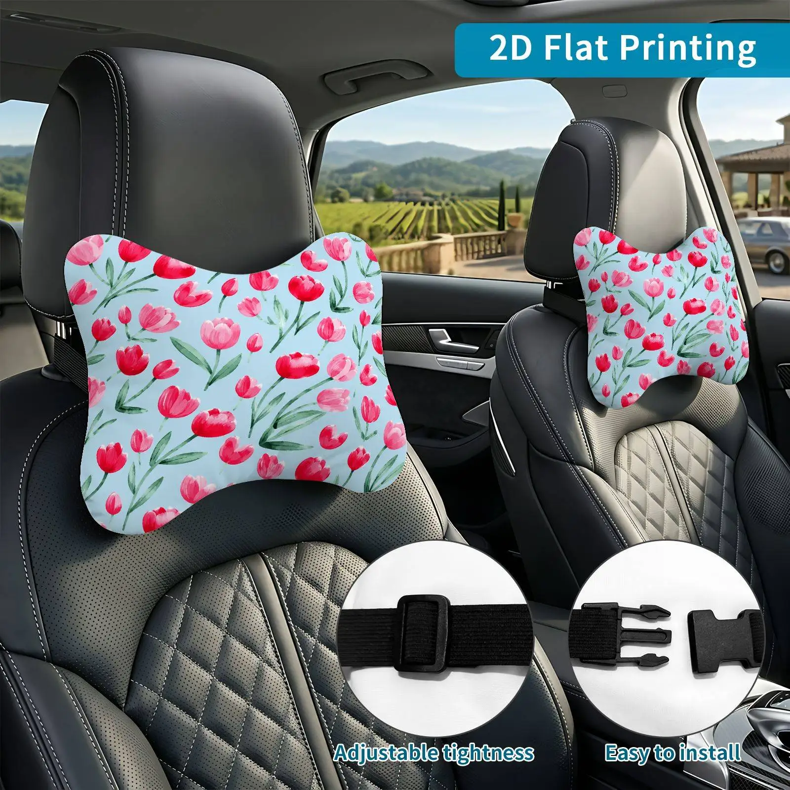 2pcs Floral Tulip Pattern Car Seat Headrest, Neck Support Cushion, Suitable For All Seasons Of Car Accessories, Tulip Theme, Tra